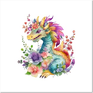 Cute Spring Flower Dragon Watercolor Posters and Art